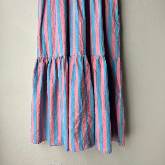 SZ Blockprints Gaia Pink Blue Striped Puff Sleeve Tiered Maxi Dress Size Small - Picture 9 of 11